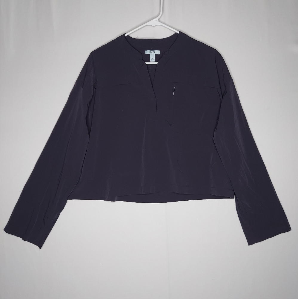 FLX Boxy Crop Top Medium Gray-Purple‎ Long Sleeve Zip Pocket Vneck Nylon Shirt